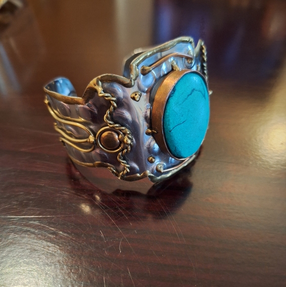 Turquoise Stone and Mixed Metals Cuff Bracelet - Picture 1 of 8